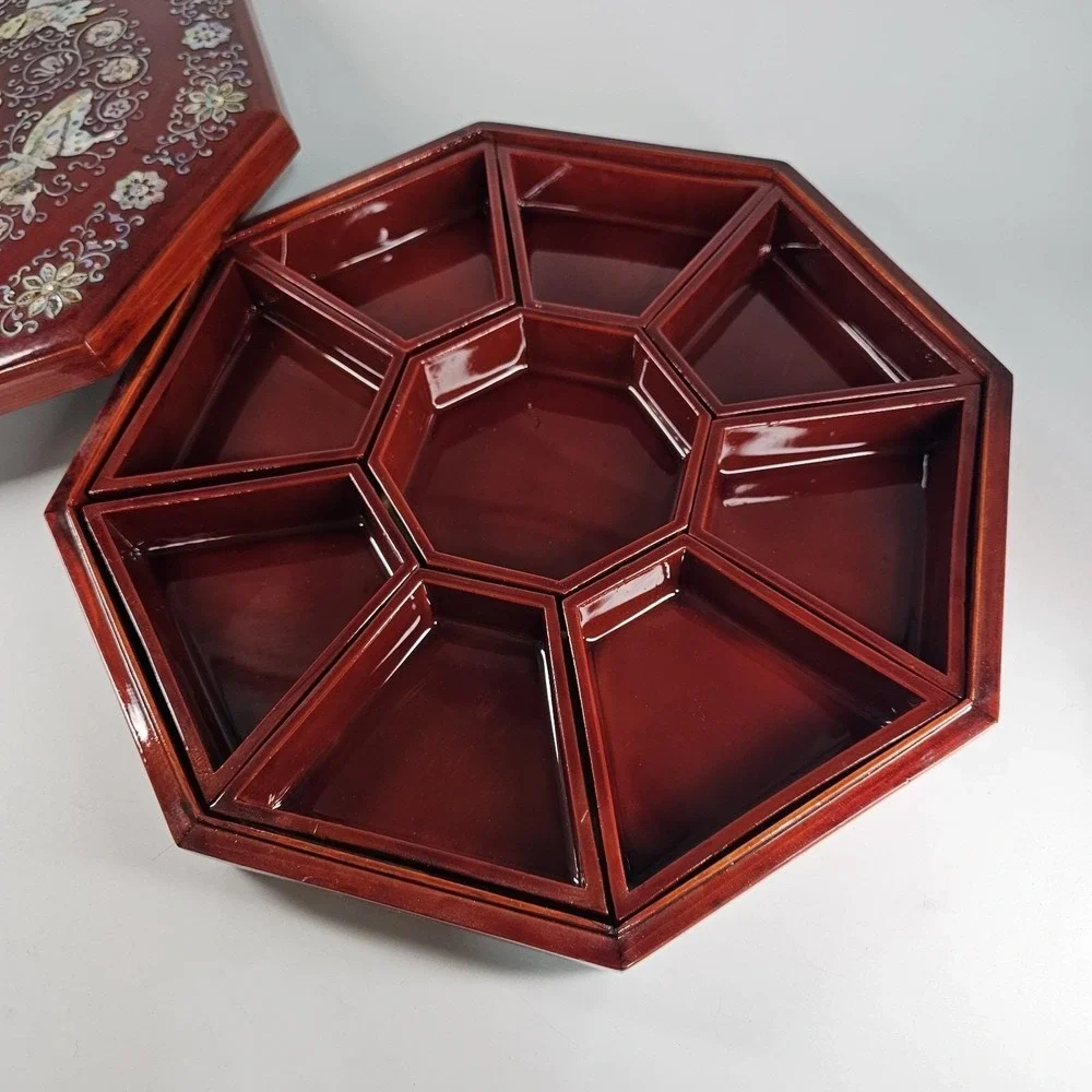 Antique China Mother of Pearl Inlay Lacquer Wooden Octagon Jewelry Bento Box